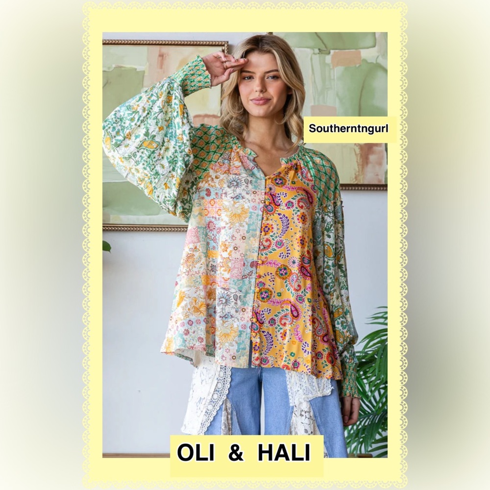 NWT OLI & HALI  Lightweight long sleeve V Neck Mixed Print High Low Top Blouse